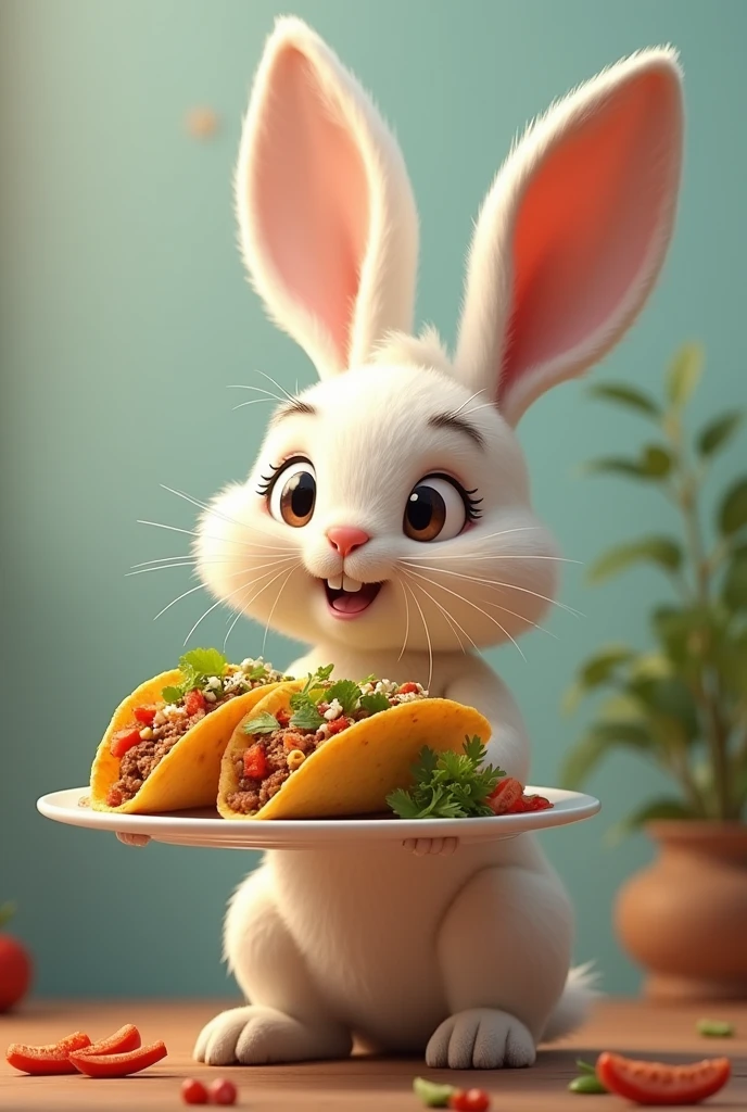 A rabbit with a plate of tacos