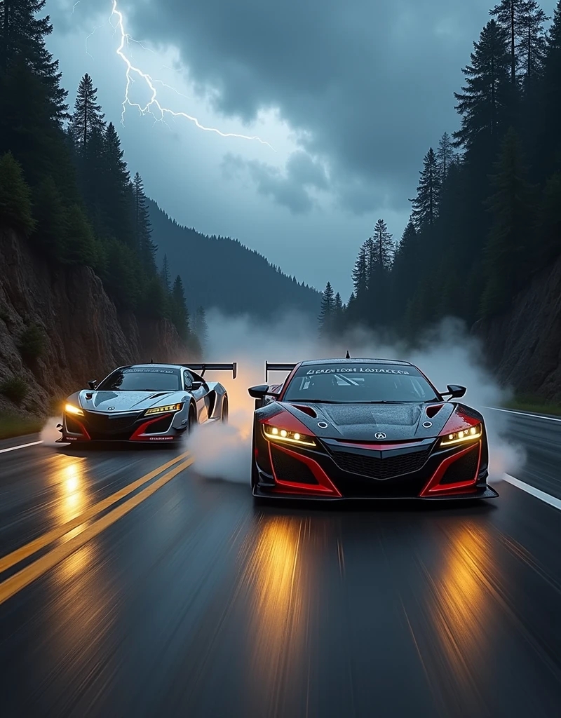 Race cars in a high speed street race (best quality,4k,8k,highres,masterpiece:1.2),ultra-detailed, ((a customized car)), ((street racer)), ((a beautiful paintjob)), ((fully detailed)), illustration, vivid colors, GTR Nismo racing a NSX,  Drifting, going fast, night, bright yellow headlights,setting USA Oregon's Mountain roads, No text on signs, Late night time, Set in a rain storm with lightning,1 car.,Nature, model shoot style, Fast action style, Sideways drifting in to a turn, Red and black cars, 