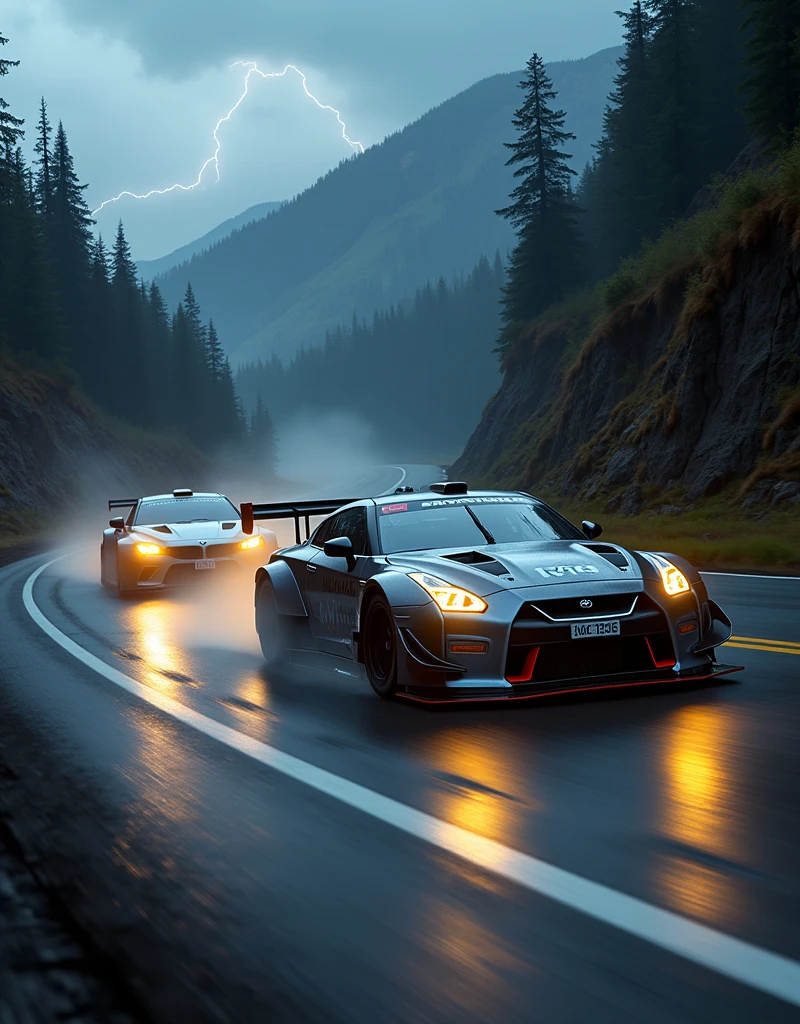 Race cars in a high speed street race (best quality,4k,8k,highres,masterpiece:1.2),ultra-detailed, ((a customized car)), ((street racer)), ((a beautiful paintjob)), ((fully detailed)), illustration, vivid colors, GTR Nismo racing a NSX, Drifting, going fast, night, bright yellow headlights,setting USA Oregon's Mountain roads, No text on signs, Late night time, Set in a rain storm with lightning,1 car.,Nature, model shoot style, Fast action style, Sideways drifting in to a turn, Red and black cars,
