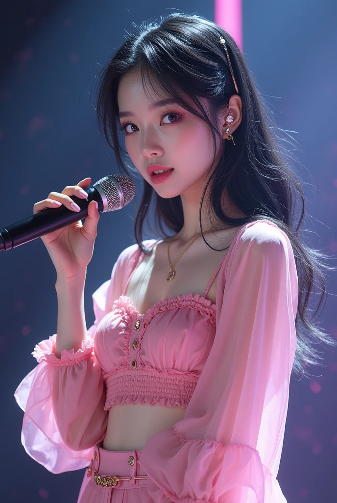 (Highly detailed), Young Korean girl, fourteen years old, beautiful, kpop idol, medium sized boobs, black hair with blonde strands, beautiful, has acrylic nails, dreamy makeup, cute outfit, on stage, performing, dream core makeup, dream core outfit, headset microphone