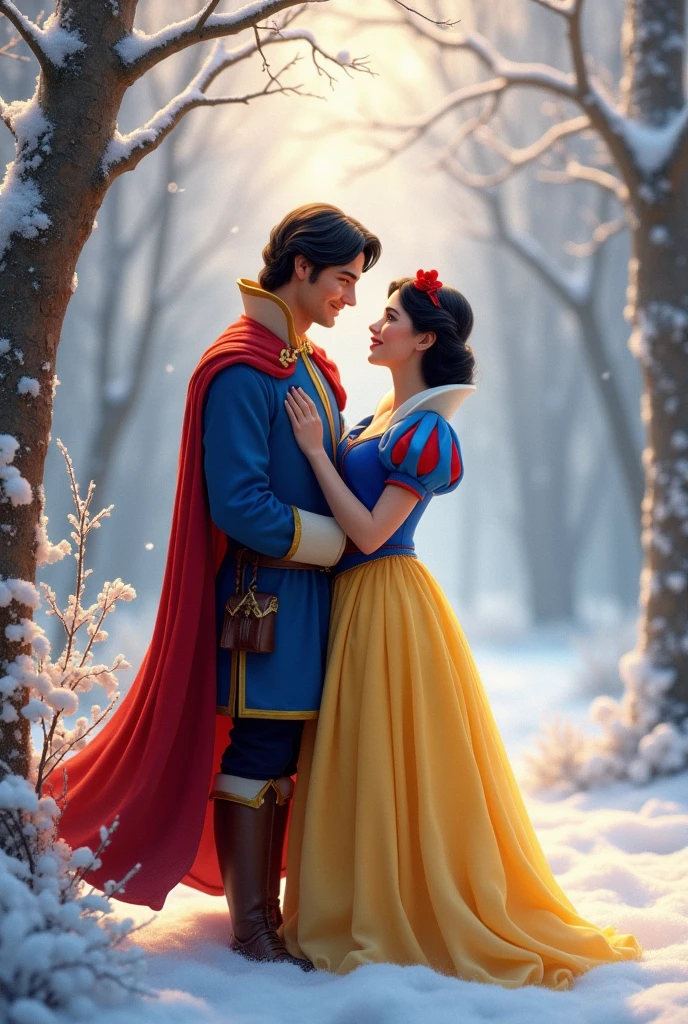 Snow White and Prince Florian stand together in a picturesque glade. Snow White is resplendent in her classic dress, a vivid blend of yellow, blue, and red that contrasts beautifully with the soft, white snow around them. Her delicate, pale face is framed by her ebony hair, and her gentle smile radiates warmth. Prince Florian, regal in his traditional blue tunic and crimson cape, stands beside her with a look of unwavering devotion. The background is a wintry wonderland, with snow-draped trees and a serene sky, creating a perfect, fairy-tale moment of timeless romance.