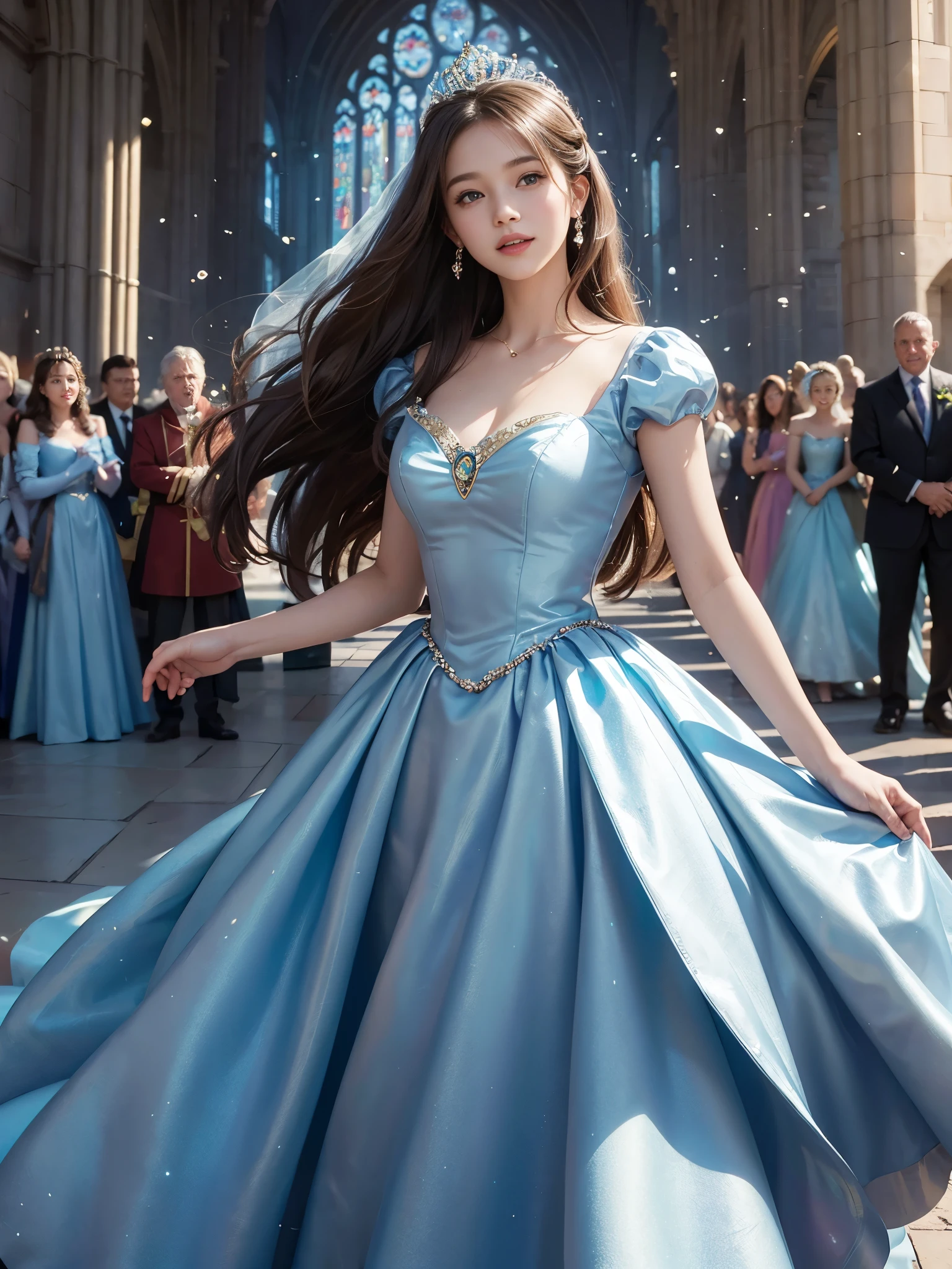 best quality, masterpiece, 1 girl, Disney's Cinderella, long hair, A huge laugh, cute , shiny lips, sweet, sun glare, Conservative attire, Blue dress, Bridal Tiara, depth of field, blurred background, Cathedral Background, light particles, strong wind, head tilt
