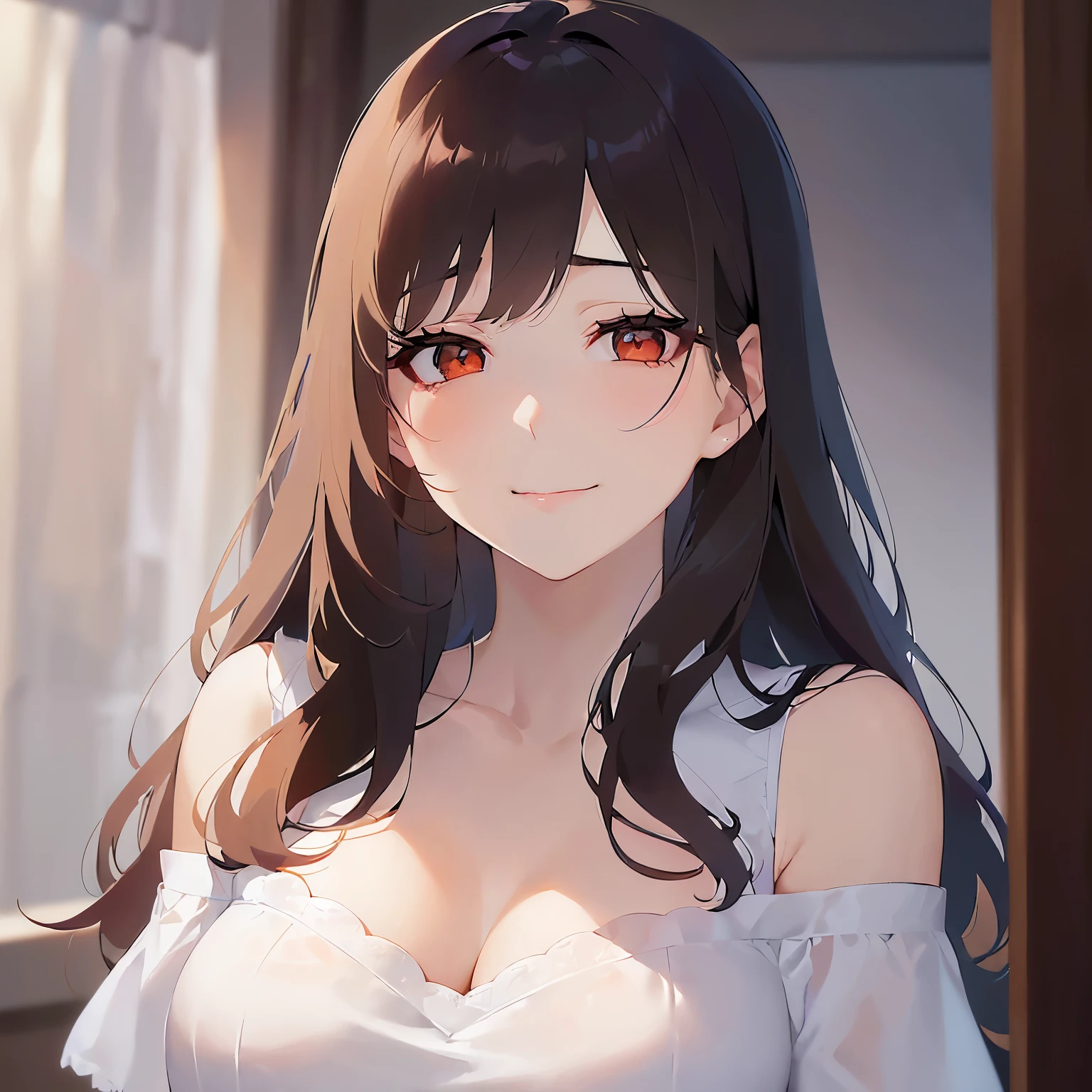 cleavage, (night:1.5), upper body、(pale skin: 1.2), shiny skin, shiny hair、(A 25-year-old woman with medium-length hair and bangs) and (wavy hair) and (brown hair) and (orange eyes) and (half closed eyes), (white) and (off shoulder blouse), (Sad smile:1.2), The background is a hotel room、Alone、Are standing