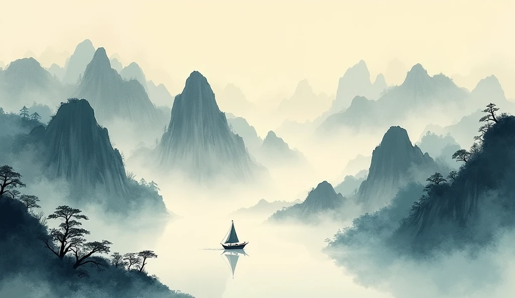 In Chinese landscape painting、Use ink and watercolor styles、We produce by combining ink and screen、Clear and detailed scenery from far to ultra-wide angles.。A light boat is floating in the distance、Stained fine details、Desaturated and low-contrast tones are beautifully rendered。A light boat sails through thousands of mountains、it is the work of a master,Beautiful details,Accurate。This work is a T-rated masterpiece、"Amaterasu Omikami"It will also be made with the following elements。