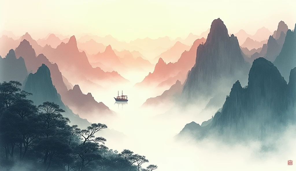 In Chinese landscape painting、Use ink and watercolor styles、We produce by combining ink and screen、Clear and detailed scenery from far to ultra-wide angles.。A light boat is floating in the distance、Stained fine details、Desaturated and low-contrast tones are beautifully rendered。A light boat sails through thousands of mountains、it is the work of a master,Beautiful details,Accurate。This work is a T-rated masterpiece、"Amaterasu Omikami"It will also be made with the following elements。