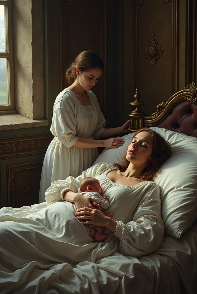 A woman is lying on her bed while holding her as she was dying after giving birth to the babya large castle in 16 centu. A few nurses are standing beside her.
