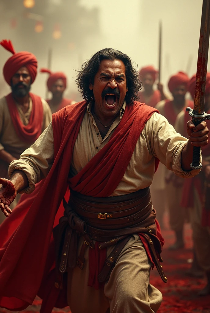 18th century 40 year old Indian man in brown complextion in male gown  roaring at sky with blood strained big moustache clean shaven chin and blood strained hands with a sword in one hand and wearing red turban surrounded by his men in similar costume 

