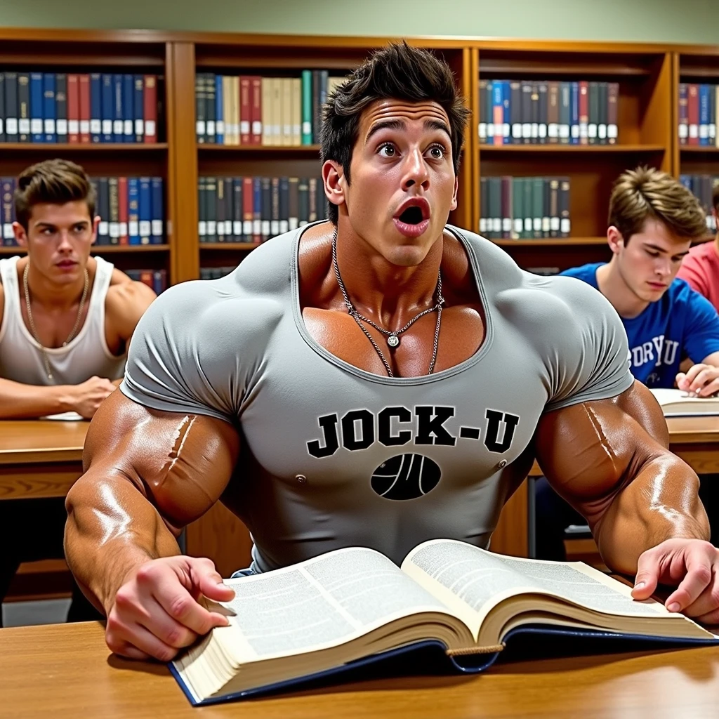 Young male college student Wearing shirt that says JOCK-U as a big dumb hyper muscular sweaty bodybuilder football jock bro in skin-tight compression gear flexing and staring blankly forward at the camera with open mouth under hypnosis. A monitor displaying a hypnotic spiral swirls behind him as he sits in a library doing a double bicep flex to expose sweaty armpits as he repeats, "Stare ... listen ... blank ... obey.... Bigger... Dumber.... Just a big ... dumb ... jock. Huhuh.... Uhhhhhh.... How's it hangin', bro? C'mere. Read instructions... Watch the spiral and FLEX with me, BRO! You think too much. It's good to be a JOCK. Stare. Obey. FLEX. Don't think. Just be a meatheaded jock. Just like me.... Huhuh. Say it with me. Brooooo...." in a deep voice. The readers behind him are also growing to match his body and repeat what he says in unison. Football jock assimilation. Hyper swollen crotch bulge. Sweating. Mouth hanging open. Hyper muscles. Giant biceps. Giant triceps. Broad shoulders. Giant traps. Giant lats. Giant deltoids. Big meaty pecs. Hyper swollen glutes. Brainwashing. Hypnosis. Hypnotized. Bro. IQ drain. Sweaty. Stereotype. Hypnotic trance. Entranced. Brainwashed. meathead. Musclehead. mindless. brainless. Front view. Giant muscles. compression gear.