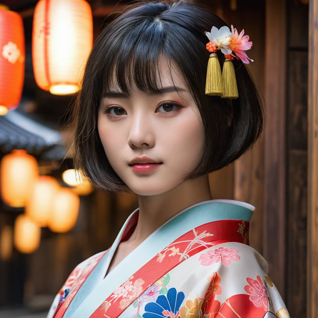 Top Quality, Masterpiece, High Definition, 1girl, Beautiful and Perfect Face, Bob Cut, Japanese Clothing,Kimono, Intricate Details, Cinematic Feel, 8K, Very Detailed  