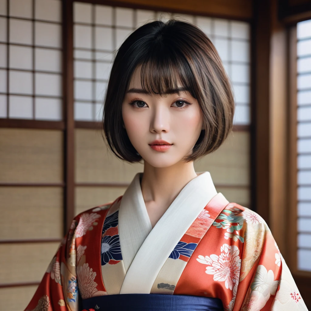 Top Quality, Masterpiece, High Definition, 1girl, Beautiful and Perfect Face, Bob Cut, Japanese Clothing,Kimono, Intricate Details, Cinematic Feel, 8K, Very Detailed  