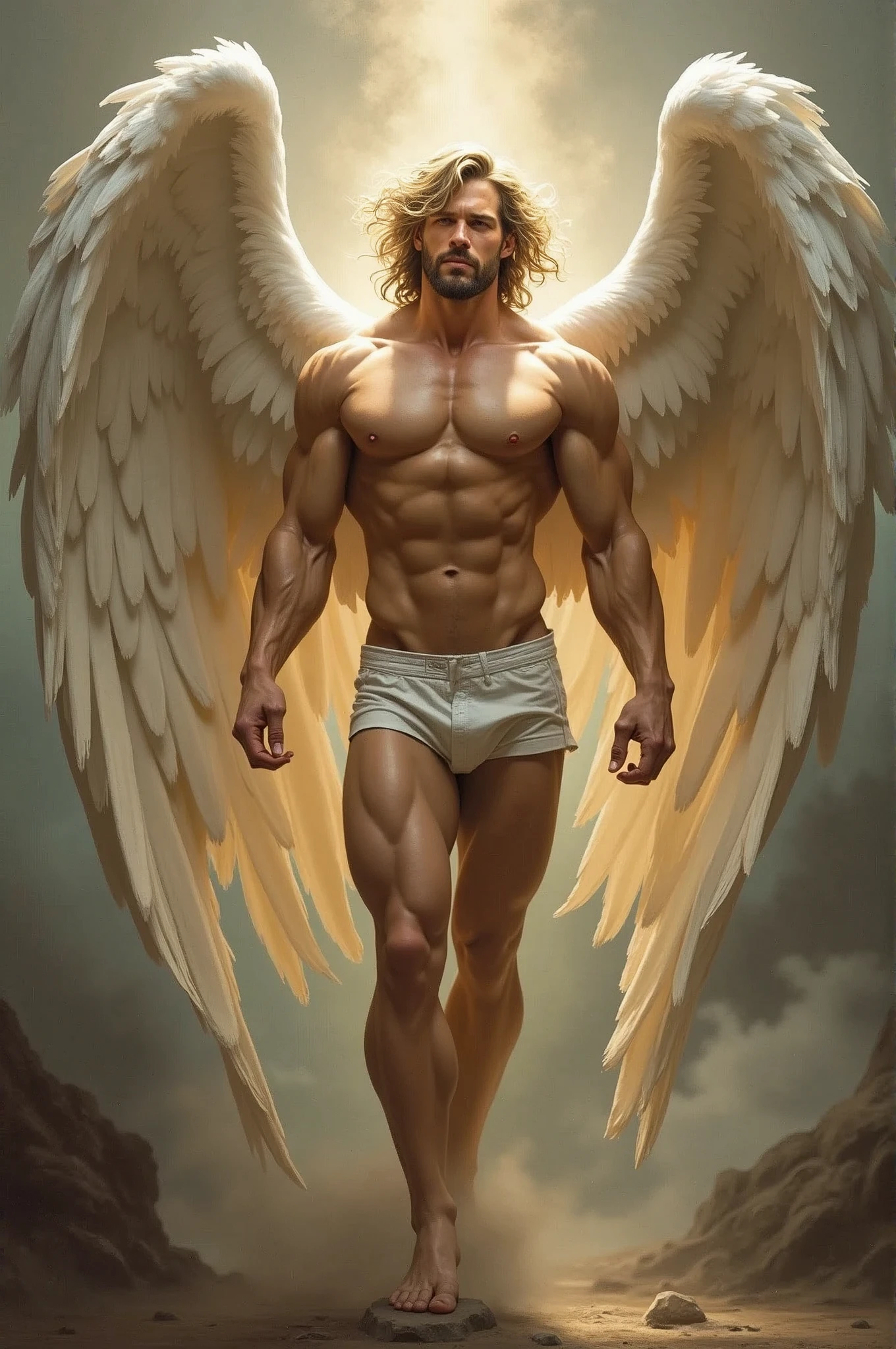 a painting of an angel man, with a beautiful face,((muscular man body, Sculptural body, strong,shapely and muscular legs)), ((archangel michael)), ((with several huge wings)), ((Angel wings)), Various positions, Full body man, Frank Kelly Freas, Estilo Karol Bak, Best Quality,32k ultra quality, parade paper quality, movie image,  Classic 8K