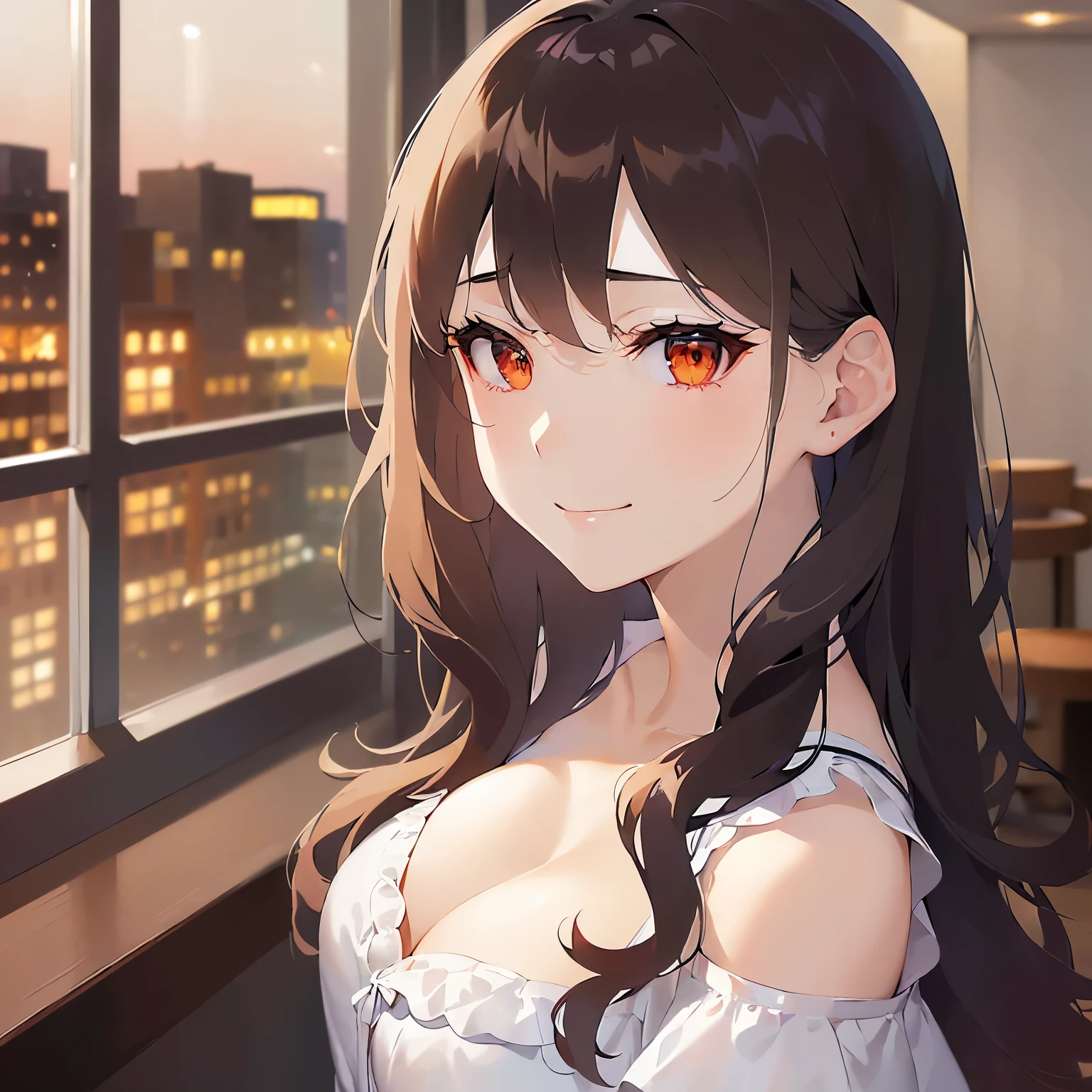 cleavage, (night:1.5), upper body、side angle, (pale skin: 1.2), shiny skin, shiny hair、(A 25-year-old woman with medium-length hair and bangs) and (wavy hair) and (brown hair) and (orange eyes) and (half closed eyes), (white) and (off shoulder blouse), (Sad smile:1.2), The background is a hotel room、Alone、Are standing
