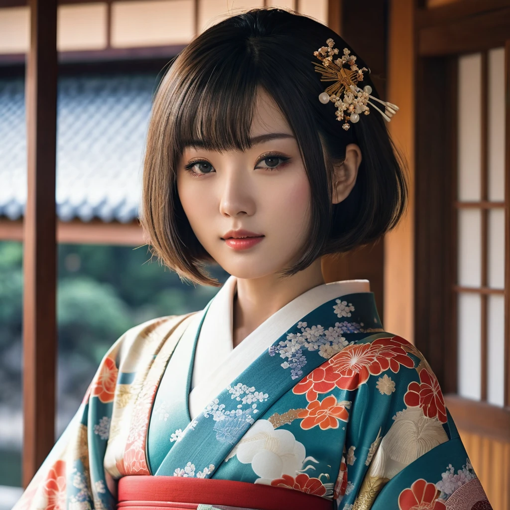Top Quality, Masterpiece, High Definition, 1girl, Beautiful and Perfect Face, Bob Cut, Japanese Clothing,Kimono, Intricate Details, Cinematic Feel, 8K, Very Detailed  