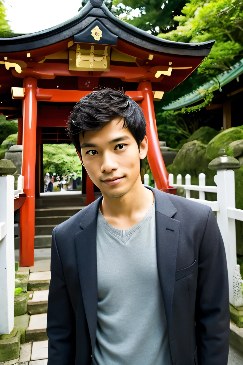 A handsome Indonesian man is facing forward, and behind the man is the Takasume Shrine in Japan.