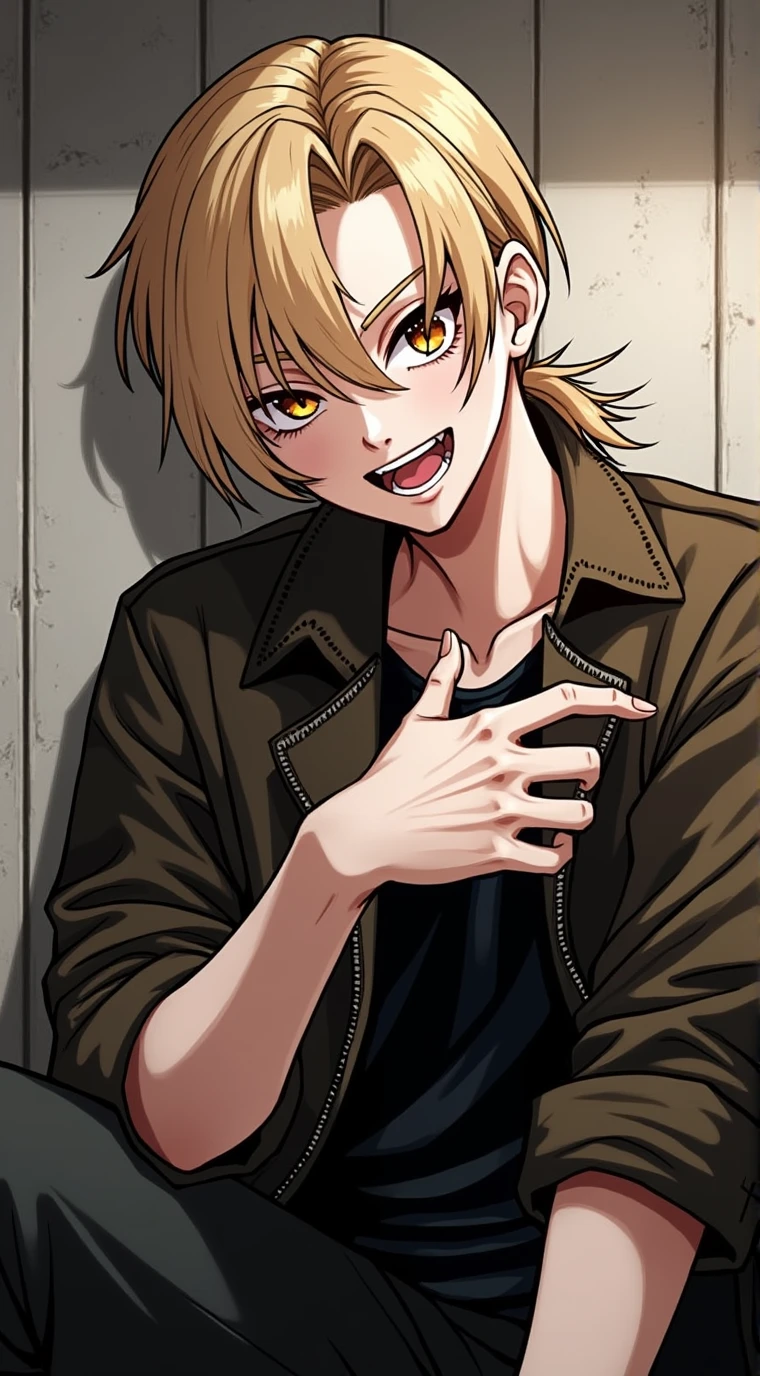 Beautiful youth, blonde, short hair, Orange eyes, Long Cut Eye, Wicked Smile, Short Ponytail, rock style costumes,🤙, Posed, Crouched, Background concrete wall,high quality, Draw Amount, Pixiv illustration