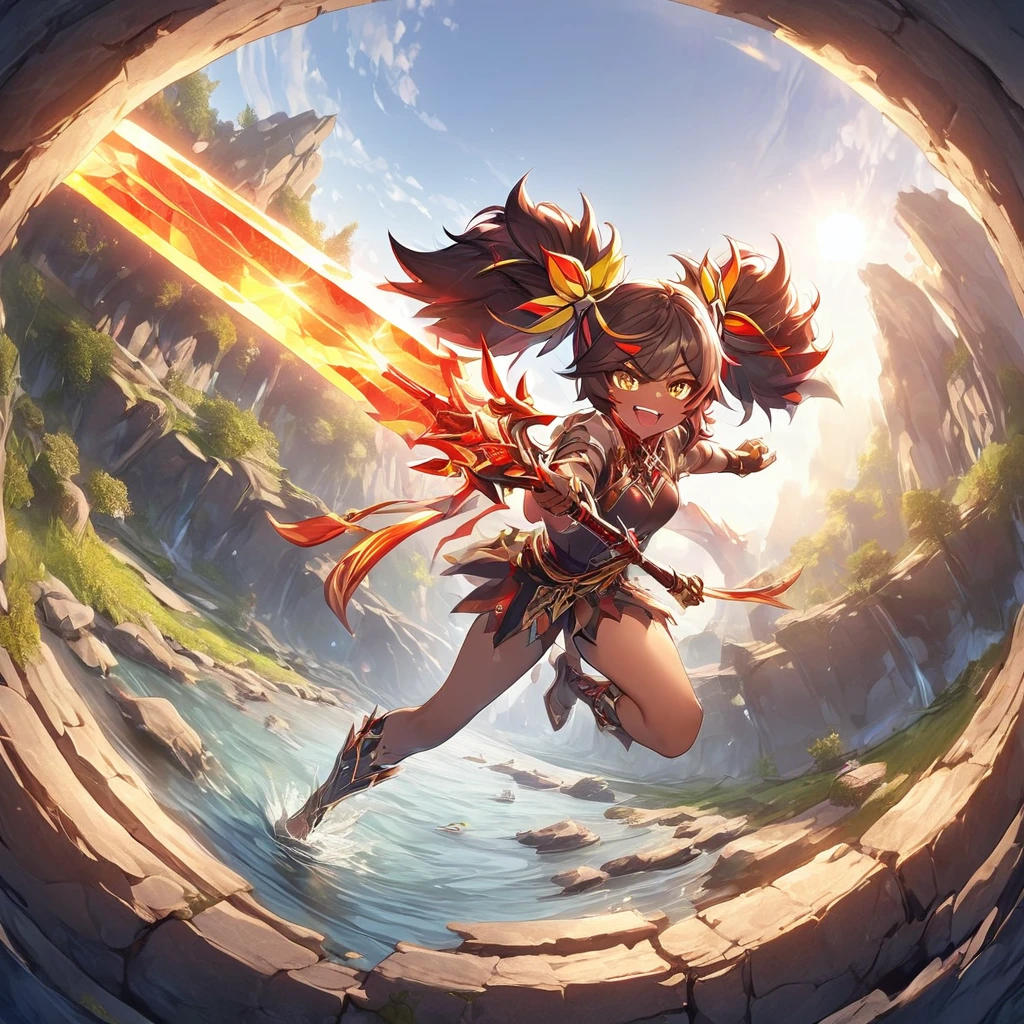 xinyan, tanned skin, sharp eyes, yellow eyes, add_detail:2, twintails, dynamic pose, happy, bedroom background, sun rays, sunset, top of liyue, top of mountain, river stream in background, flaming greatsword in hand, .(dynamic angle:1.1), sharp focus, absurdres, highres, ultra detailed,
BREAK
, Create an image using a prism effect, with light refracting and creating a colorful, kaleidoscopic appearance.
BREAK
, Design an image with a fisheye lens effect, capturing a wide field of view with a distinctive, curved perspective, dappled sunlight,