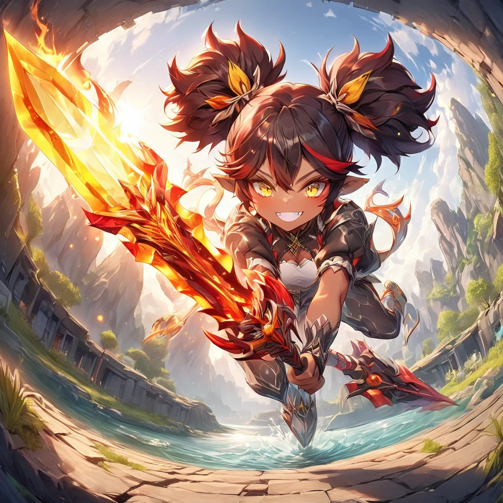 xinyan, tanned skin, sharp eyes, yellow eyes, add_detail:2, twintails, dynamic pose, happy, bedroom background, sun rays, sunset, top of liyue, top of mountain, river stream in background, flaming greatsword in hand, .(dynamic angle:1.1), sharp focus, absurdres, highres, ultra detailed,
BREAK
, Create an image using a prism effect, with light refracting and creating a colorful, kaleidoscopic appearance.
BREAK
, Design an image with a fisheye lens effect, capturing a wide field of view with a distinctive, curved perspective, dappled sunlight,