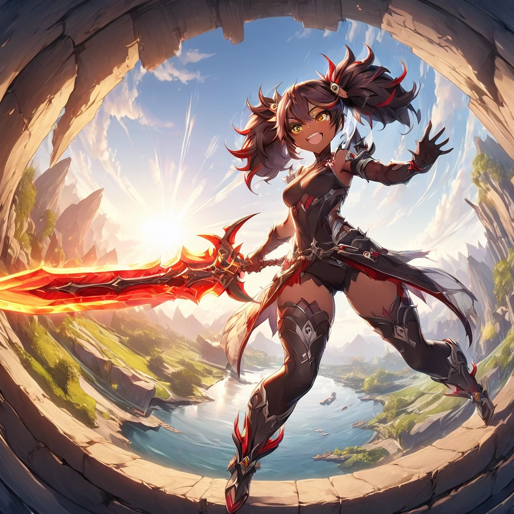 xinyan, tanned skin, sharp eyes, yellow eyes, add_detail:2, twintails, dynamic pose, happy, bedroom background, sun rays, sunset, top of liyue, top of mountain, river stream in background, flaming greatsword in hand, .(dynamic angle:1.1), sharp focus, absurdres, highres, ultra detailed,
BREAK
, Create an image using a prism effect, with light refracting and creating a colorful, kaleidoscopic appearance.
BREAK
, Design an image with a fisheye lens effect, capturing a wide field of view with a distinctive, curved perspective, dappled sunlight,