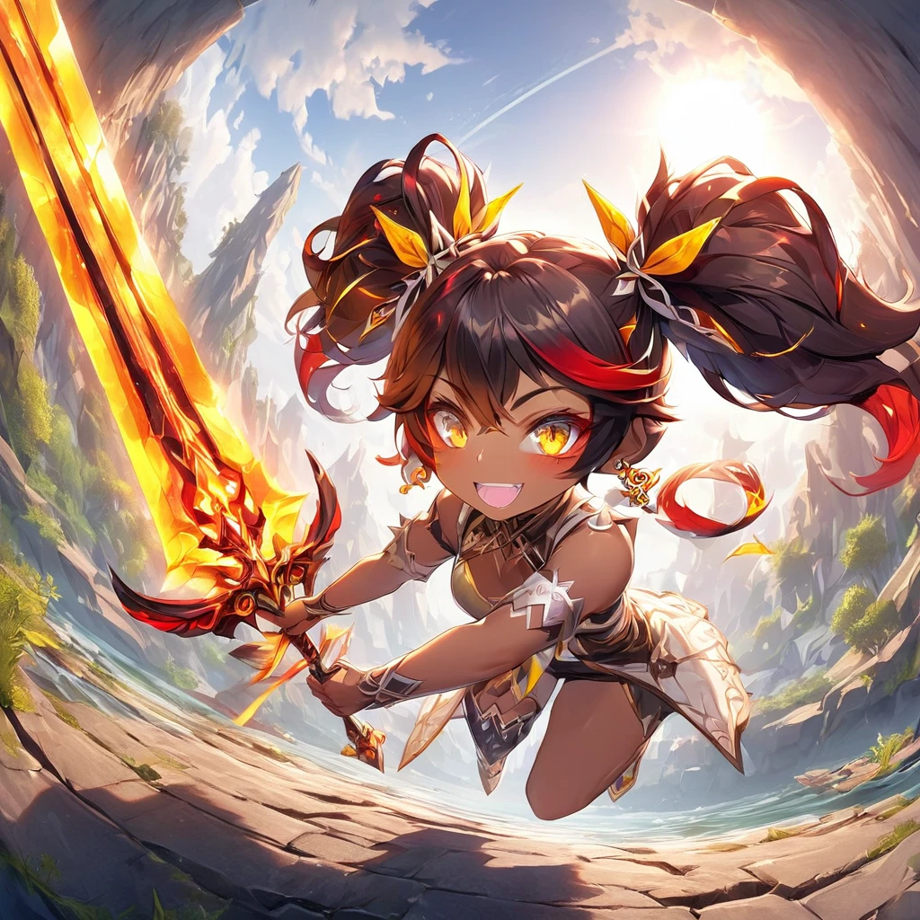 xinyan, tanned skin, sharp eyes, yellow eyes, add_detail:2, twintails, dynamic pose, happy, bedroom background, sun rays, sunset, top of liyue, top of mountain, river stream in background, flaming greatsword in hand, .(dynamic angle:1.1), sharp focus, absurdres, highres, ultra detailed,
BREAK
, Create an image using a prism effect, with light refracting and creating a colorful, kaleidoscopic appearance.
BREAK
, Design an image with a fisheye lens effect, capturing a wide field of view with a distinctive, curved perspective, dappled sunlight,