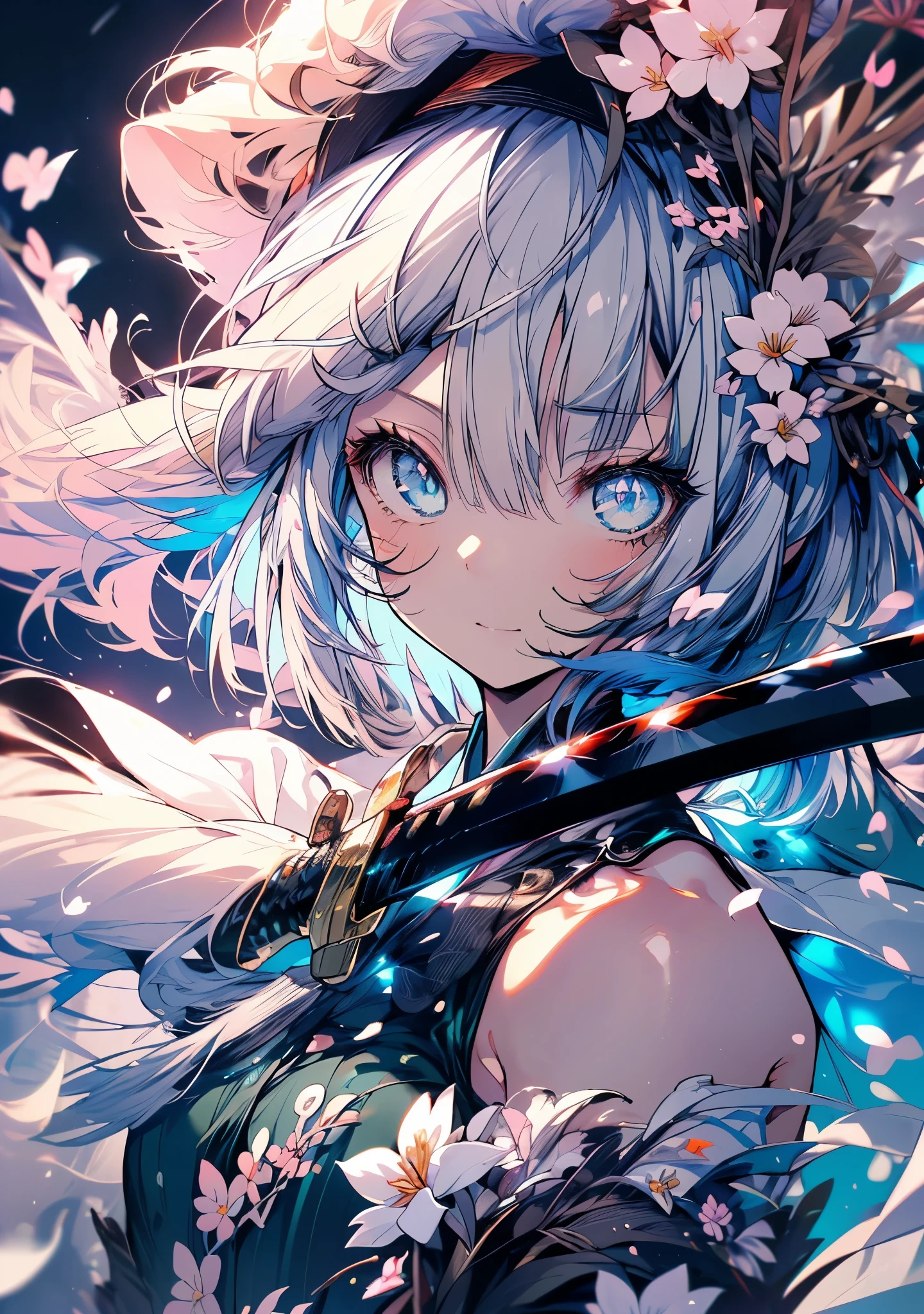 ((((Awakening)))),(((Highest quality))),((((Aura overflowing)))),(shape),(Dynamic Angle), ((Oriental Project)),((Disheveled Hair)), (((A slim body))),(((Use your sword skills))), ((girl wearing black tights)), (((View from the front))),((Beautifully detailed body)),((Shoulders are exposed)),(((Mysterious and sparkling blue eyes)))Gray Hair,((long hair with stripes)), Beautiful attention to detail,(Gradient color eyes),(((Delicate eyes))), (((background))),(((High saturation))),(((konpaku youmu))),(((In front of the cherry blossoms at night))