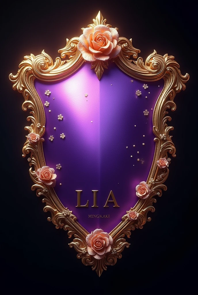 create a hyper realistic image of a beautiful purple shield, sparkling, sparkling, dengan bingkai emas rumit bertuliskan “mingkak” mawar emas mengkilap sparkling cerah, emus feather, bright black background, below it says “MINGKAK” & LIA” studio hyperrealism ultra HD 64k lightning light reflection