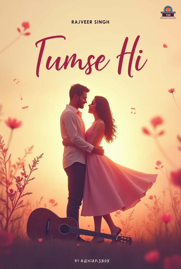 Create a cover photo for a romantic music album titled 'Tumse Hi' by Rajveer Singh. The cover should feature a soft, dreamy background with a warm sunset or golden hour lighting, casting a gentle glow over the scene. In the foreground, there’s a silhouette of a couple holding hands or sitting close together, symbolizing love and togetherness. Surround them with elements like blooming flowers, floating musical notes, and a subtle acoustic guitar resting beside them, reflecting the song’s melody and mood. The album title 'Tumse Hi' should be elegantly written in a cursive or handwritten font, placed at the top or center, with 'by Rajveer Singh' in a smaller, simple font below. The overall color scheme should include soft pastels, warm pinks, oranges, and golden hues to evoke a romantic and serene atmosphere.