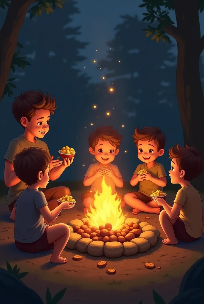 There are some children in circle sit near a camp fire and eating roasted potatoes and chana and the fire spread