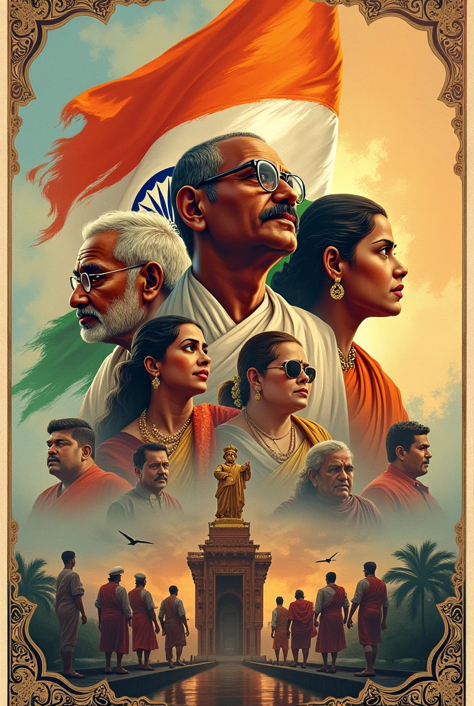 Poster for Indian Independence day with all freedom fighters in the back with mahatma Gandhi, jawaharlal nehru, subash chandra bose, janshi rani etc..