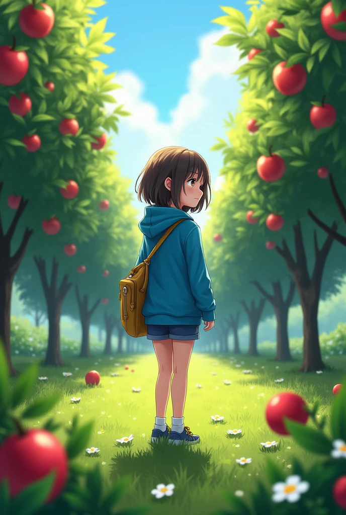 age girl in blue hoodie in the forest with apple orchard