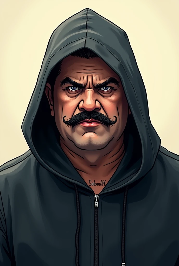 Nicolas maduro moros as a hater, cartoon type hooded, his mustache like in real life