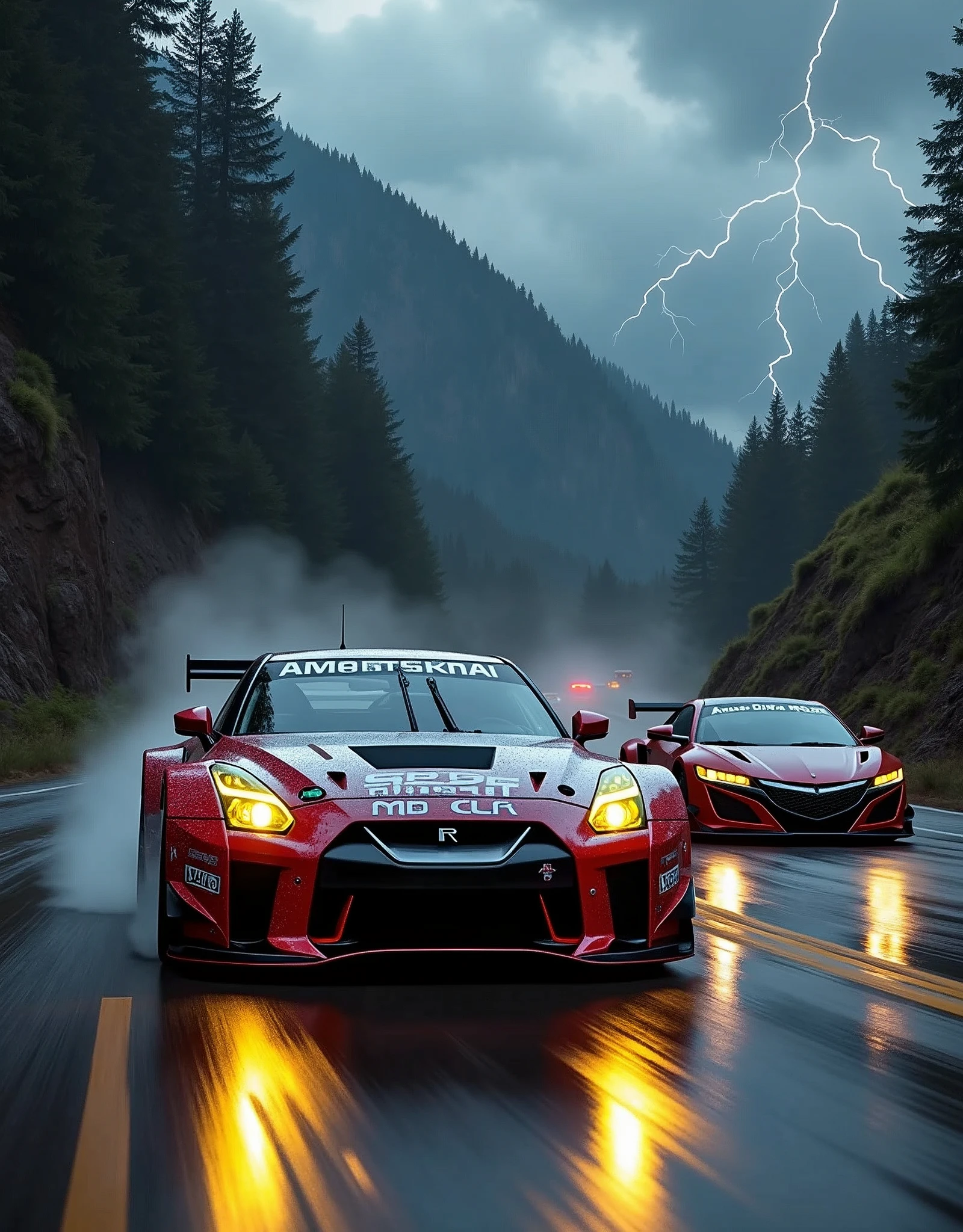 Race cars in a high speed street race (best quality,4k,8k,highres,masterpiece:1.2),ultra-detailed, ((a customized car)), ((street racer)), ((a beautiful paintjob)), ((fully detailed)), illustration, vivid colors, GTR Nismo racing a NSX, Drifting, going fast, night, bright yellow headlights,setting USA Oregon's Mountain roads, No text on signs, Late night time, Set in a rain storm with lightning,1 car.,Nature, model shoot style, Fast action style, Sideways drifting in to a turn, Red and black cars,