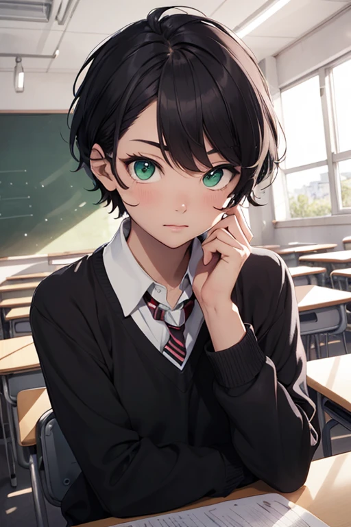 Male, green eyes, slight tan skin, short black hair, in school uniform, inside classroom , hamdsome