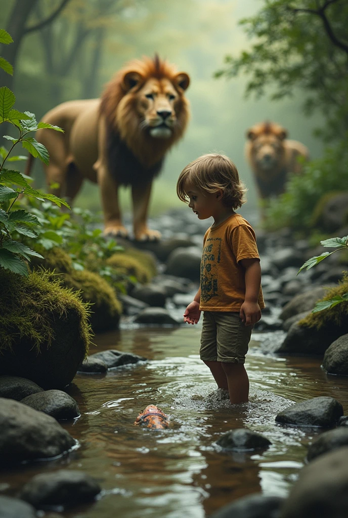 The lost explorer - (child), stream with tadpoles and two lions in the background
