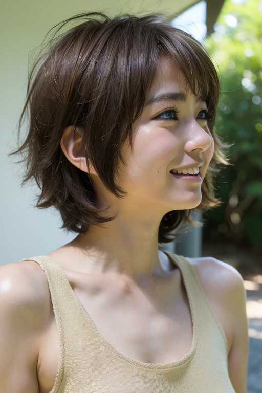 (RAW photo, highest quality), (realistic, Photoreal:1.3), very delicate and beautiful, soft light, (brown hair, short hair swaying in the wind, bangs), beautiful detailed girl, (finger details), highly detailed eyes and face, beautifully detailed nose, beautiful and detailed eyes, 1 girl, Japanese, Neat beauty, cute, young, smile, , (medium breasts), realistic face, realistic body, naked, The hair on your skin shines
