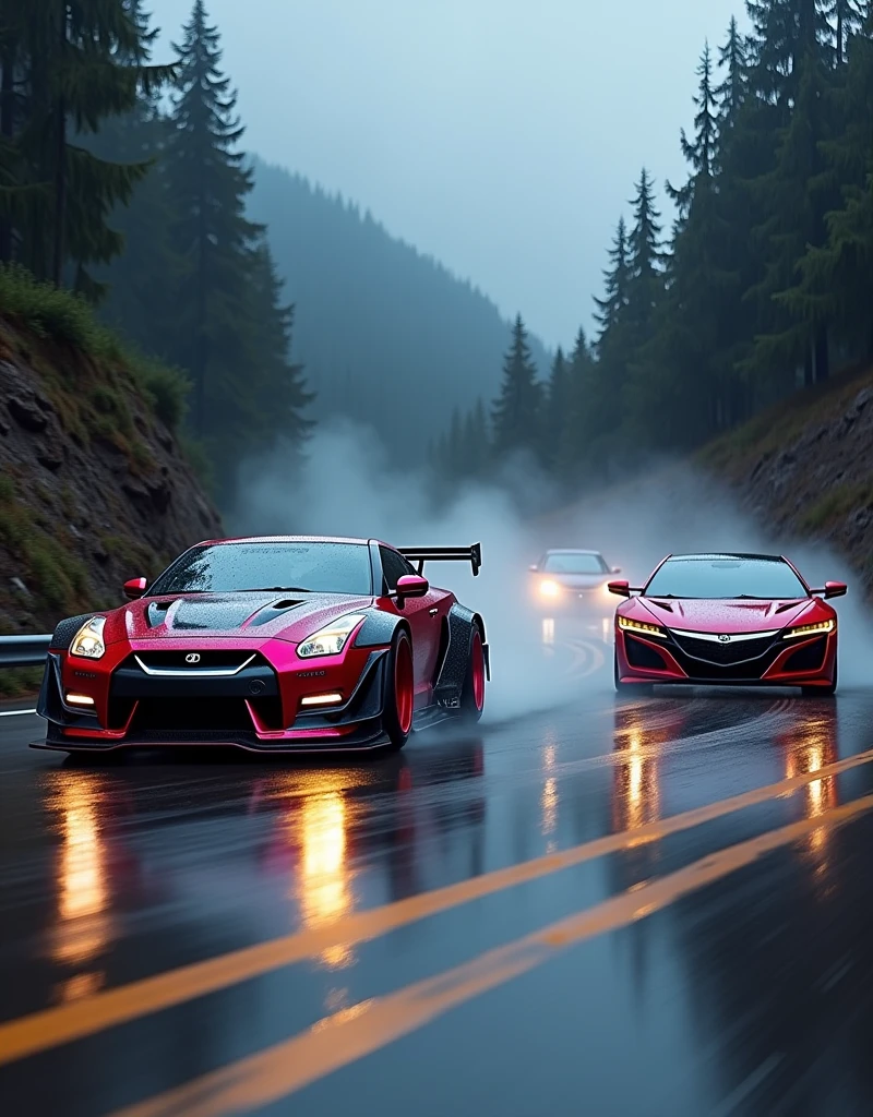 Race cars in a high speed street race (best quality,4k,8k,highres,masterpiece:1.2),ultra-detailed, ((a customized car)), ((street racer)), ((a beautiful paintjob)), ((fully detailed)), illustration, vivid colors, GTR Nismo racing a NSX, Drifting, going fast, night, bright yellow headlights,setting USA Oregon's Mountain roads, No text on signs, Late night time, Set in a rain storm with lightning,1 car.,Nature, model shoot style, Fast action style, Sideways drifting in to a turn, Red and black cars,