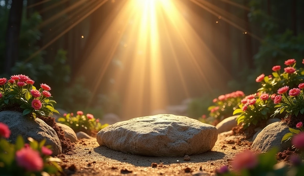 The image of the empty tomb with the stone rolled away. Rays of light shine all around, symbolizing hope and rebirth. Flowers and nature all around to bring a feeling of renewal and joy.