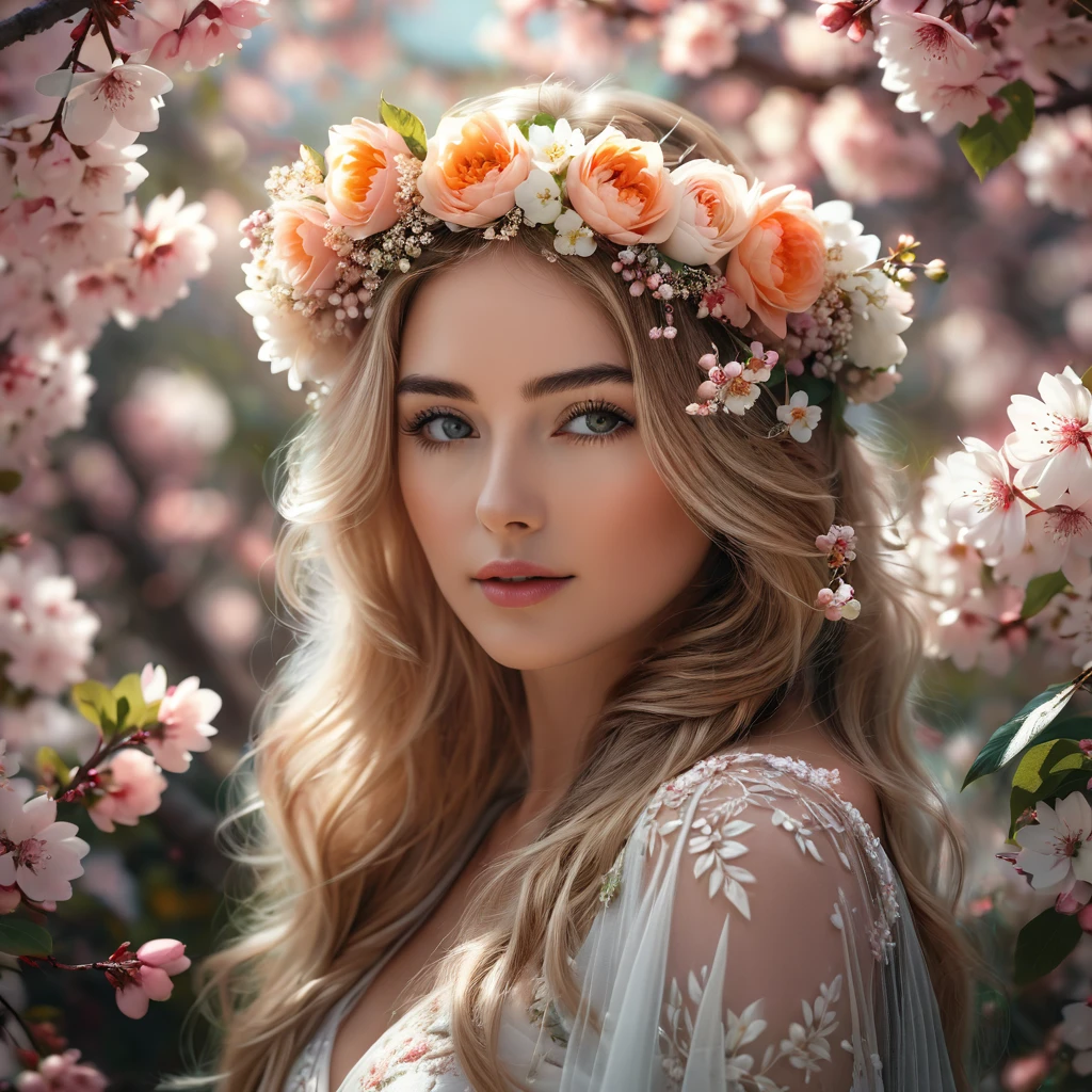 A veiled woman adorned with flowers in her hair and a floral crown, immersed in blossoms, captured in an 8K artistic portrait. The soft focus of the portrait enhances the 8K resolution, with flowers veiling her eyes, creating a stunning photorealistic image. The lighting reveals a radiant face from behind, a young woman surrounded by flora, inspired by Irakli Nadar's style. The depiction showcases an ultra-refined beauty, an ethereal allure, and a face that takes one's breath away, all within the realm of organic 8K artistic photography—a female portrait embraced by flowers.