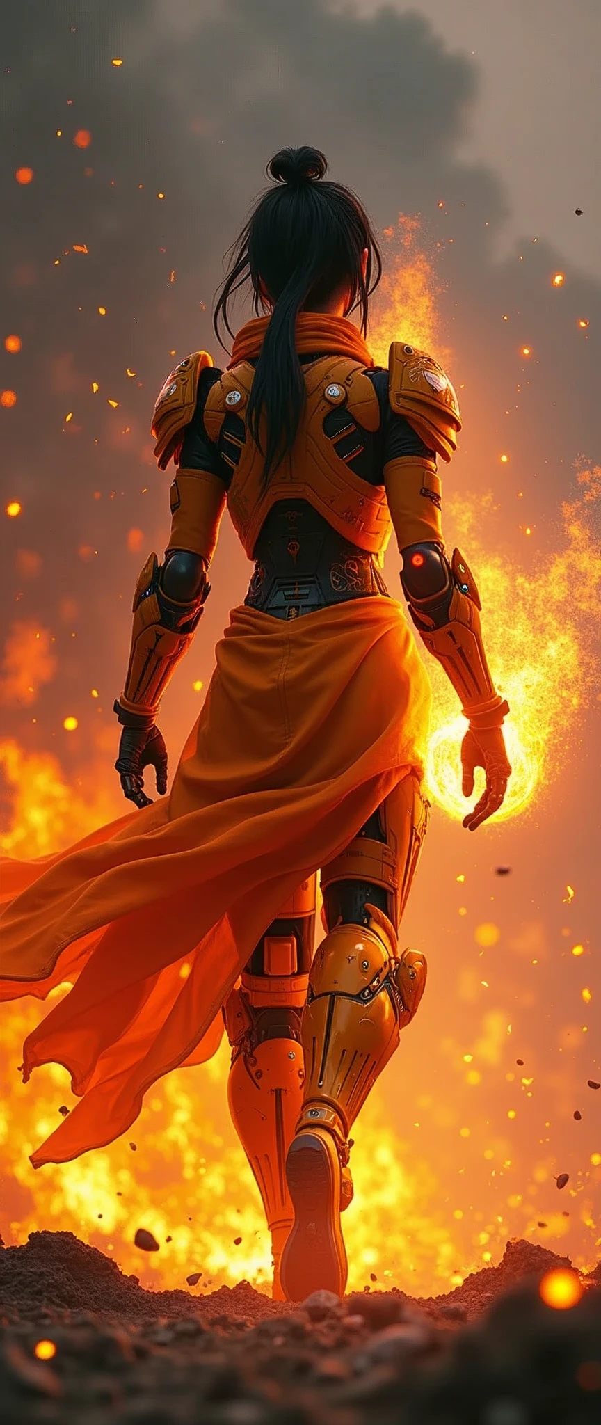 (masterpiece:1.2, Highest quality,Ultra-high resolution,Super detailed),8k,wallpaper,(Armored Core Style),Woman in ninja robot armor,(Back view),Black Hair,Random Hairstyles,(Fire Ninja),(Orange body),(Detailed face:1.3),(Detailed body:1.3),(Cowboy Shot),(The background is burning flames and ash:2.0),(Preparing for battle,Stores a ball of fiery energy in the palm of your hand,The electronic parts of the armor glow.),(Detailed hands:1.8),(Flashy special move effects:2.0)