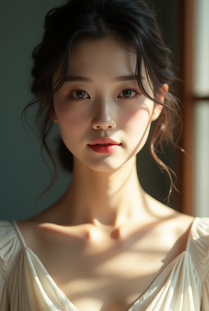 An elegantly dressed Japanese woman in natural light、A close-up of her chest and calm expression.、It shows her inner peace and outer charm.。