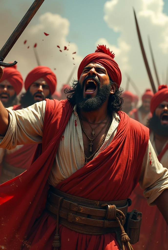 18th century 40 year old Indian man in brown complextion in male gown roaring at sky with blood strained big moustache clean shaven chin and blood strained hands with a sword in one hand and wearing red turban surrounded by his men in similar costume