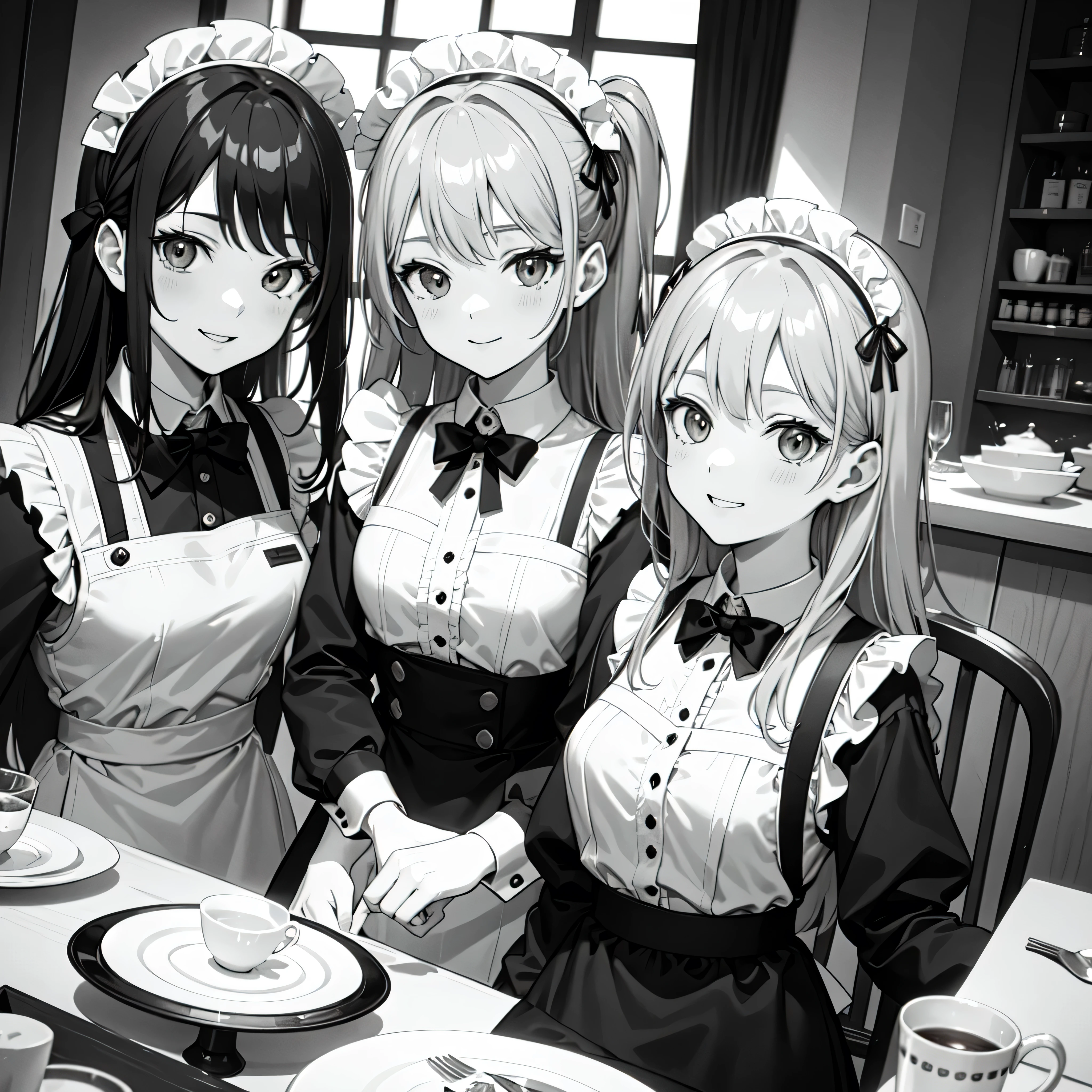 Monochrome illustration、One Girl、13 years old、Maid clothes、A perverse smile、waiter、