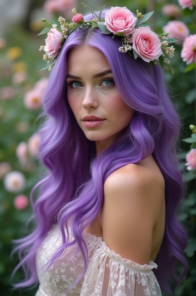 Purple hair, Caucasian beauty, long hair, blue eyes, dress up, flower garden, flower decoration on head