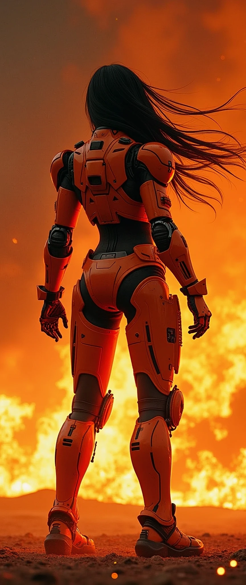 (masterpiece:1.2, Highest quality,Ultra-high resolution,Super detailed),8k,wallpaper,(Armored Core Style),Woman in ninja robot armor,(Back view),Black Hair,Random Hairstyles,(Fire Ninja),(Orange body),(Detailed face:1.3),(Detailed body:1.3),(Cowboy Shot),(The background is a burning flame and a red battlefield:2.0),(Preparing for battle,Creates a blade-shaped flaming energy body in the palm of the hand.,The electronic parts of the armor glow.),(Detailed hands:1.6),(Flashy special move effects:2.0)