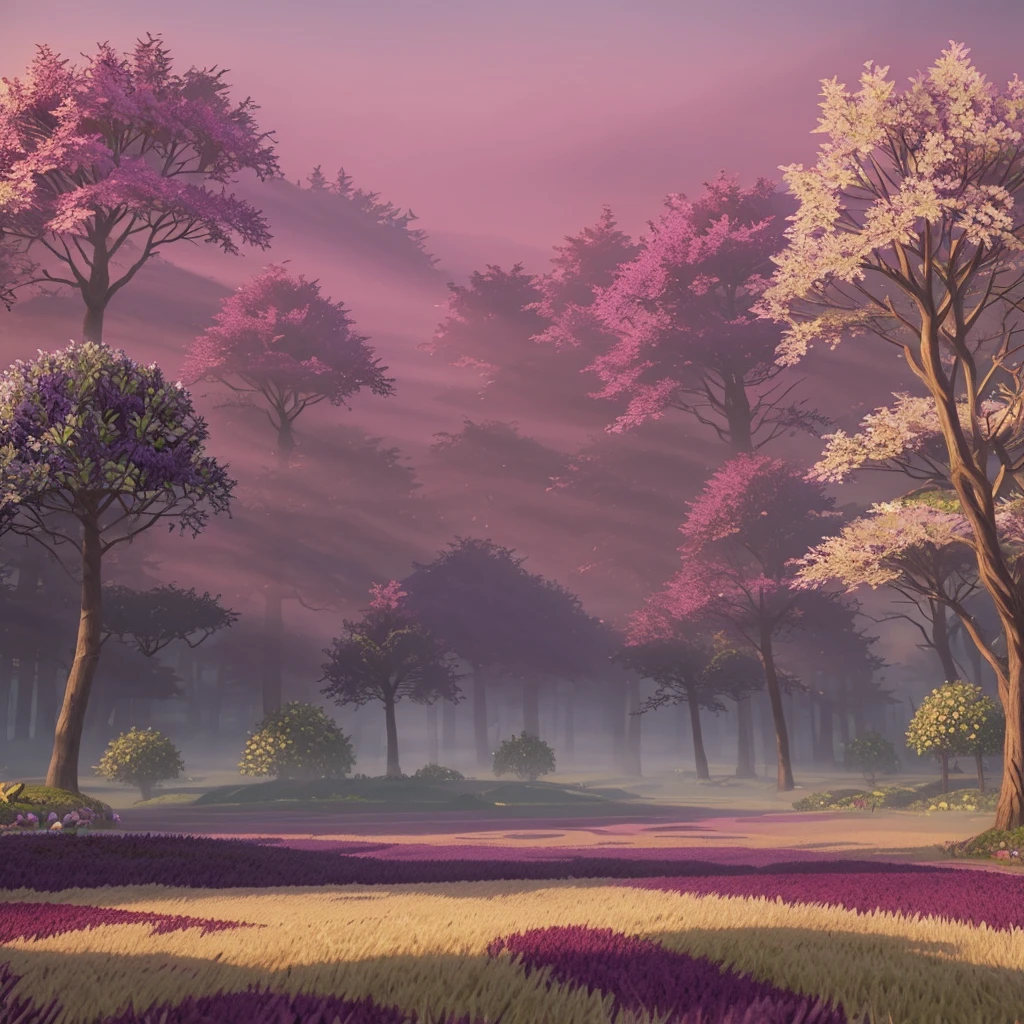 Forest full of trees and stones, purple vegetation, magenta floor, (((Mists of Albion Online style))), rays of sunlight between the trees, style cartoon, ultra defined, ultra detaild, 8k, cinematographic
