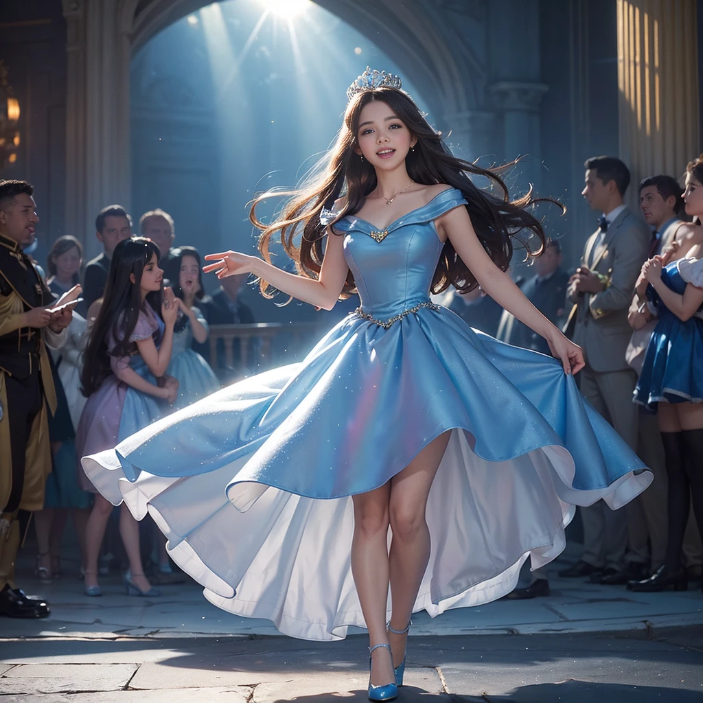 best quality, masterpiece, 1 girl, Disney's Cinderella, long hair, A huge laugh, cute teen, shiny lips, sweet, sun glare, Conservative attire, Blue dress, Blue shoes, Bridal Tiara, depth of field, blurred background, Ballroom background, light particles, strong wind, head tilt