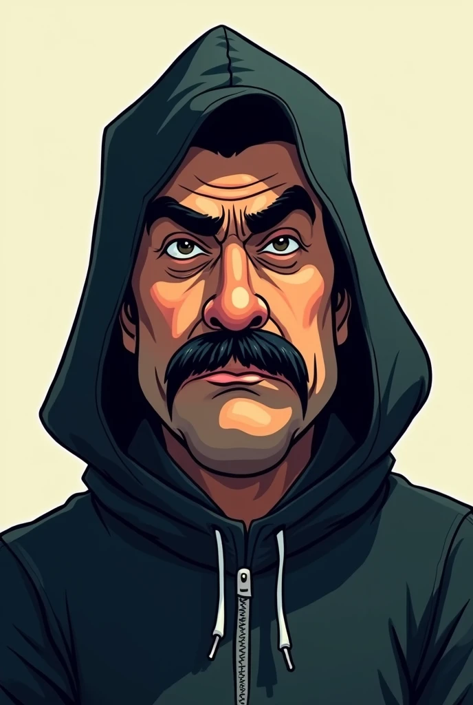 Nicolas maduro moros as a hater, cartoon type hooded, his mustache like in real life