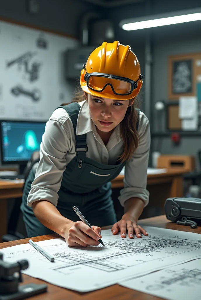 Industrial engineer girl drawing, working, and in uniform 