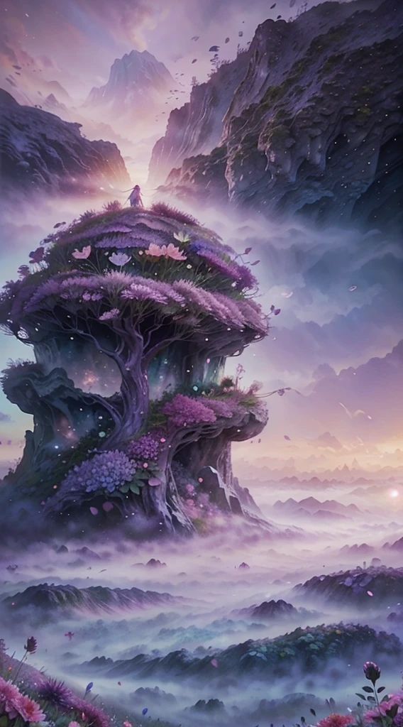 fresh flowers, magical fairy background, Magical background, Fantasy background, fairy tale style background, bubbly scenery, Ethereal background, mythical floral hills, in a surreal dream landscape, stuning fantasy 3 d render, lost in a dreamy fairy landscape, Surreal background, surreal dreamscape, surreal dream landscape, floral environment，purpleish color