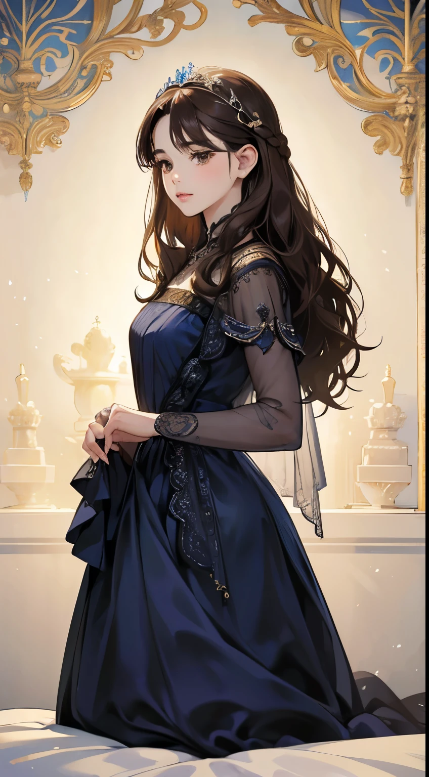 portrait of beautiful woman, in the palace, soft smile portrait, subtle features, intricate details, calm composition, tension, less contrast, texture, realism, high-quality rendering, stunning art, high quality, film grain, Fujifilm XT3, detailed skin, ((long slight wavy dark brown hair)), ((brown eyes)), ((18 year old)), ((front bangs hair)), ((dark blue gown)), ((royal look)), slight make up, mature female, full body, detailed