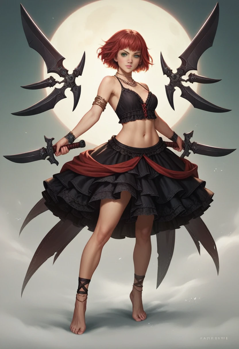 ffxi, lilisette, short red hair, green eyes, black lace, red frills, asymmetrical skirt, dancer's bangles, dual wielding daggers, climactic flourish, more real, realism